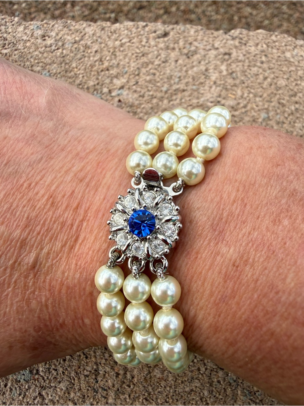 JBK Camrose & Kross Jackie Kennedy Triple Strand Pearl Sapphire Clasp Bracelet